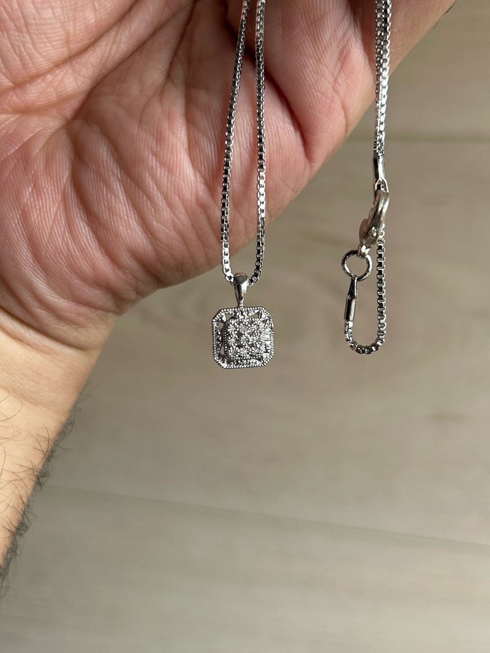 Vintage Sterling Silver (925) Square Pavè Pendant Necklace